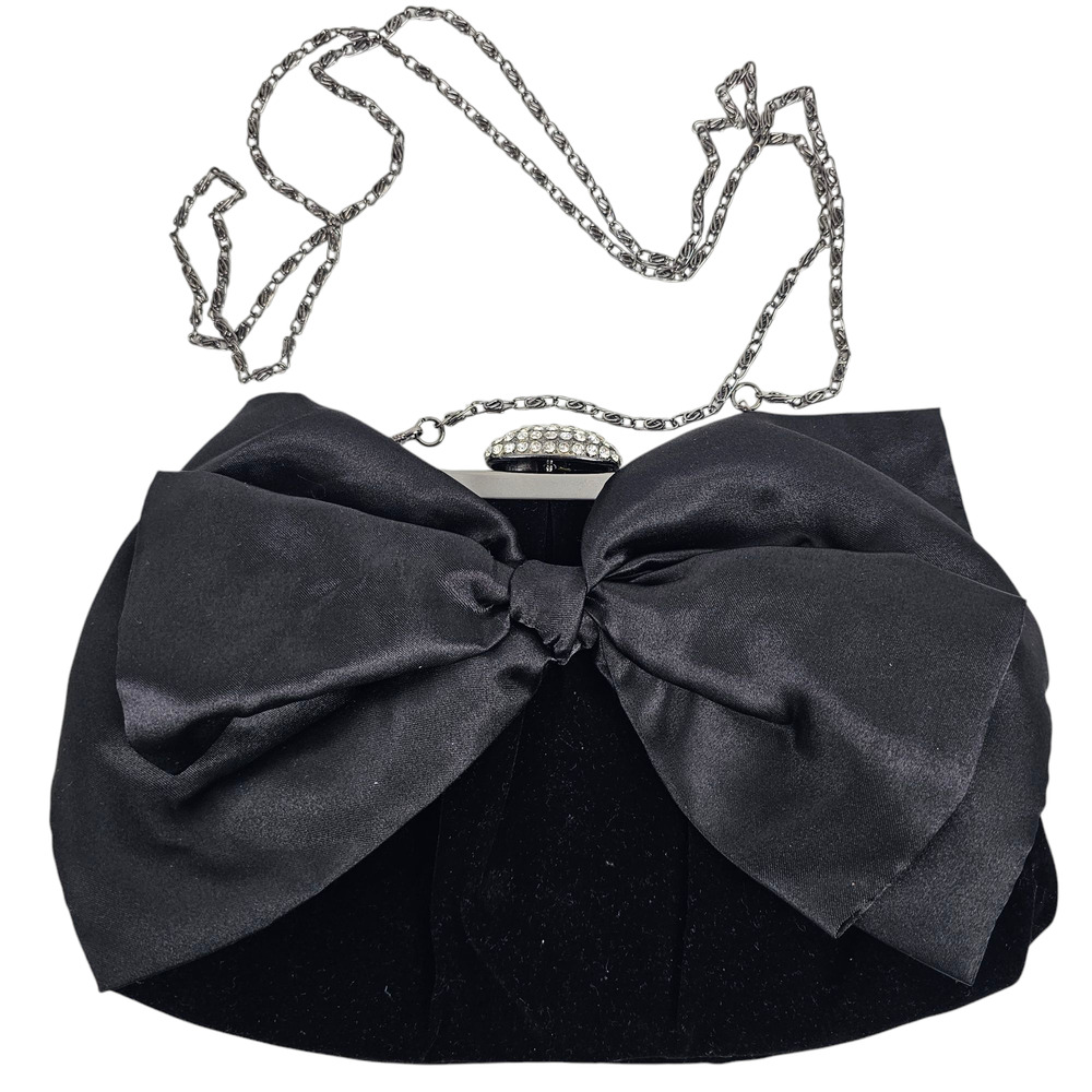 VTG 1980s black velvet evening bag x body clutch purse bow prom Princess Di